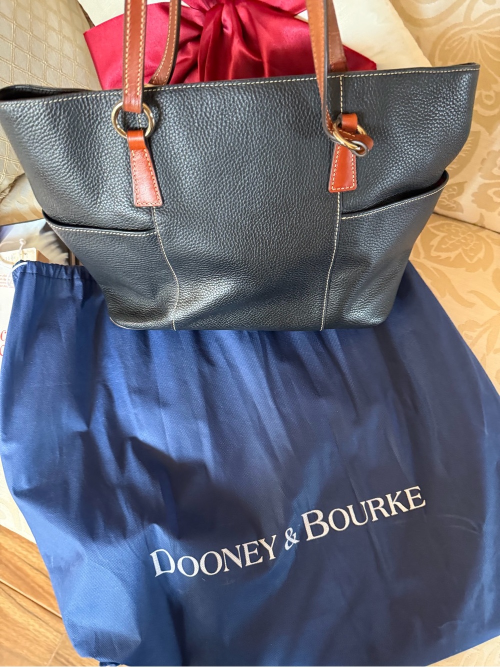Dooney & Bourke Black Pebble Leather Tote with Brown Trim and Red Interior - Picture 3 of 6